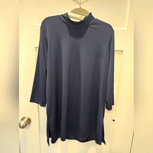 Alfani Navy Mock Neck Tunic Top L 3/4 Sleeve Stretch Side Slit